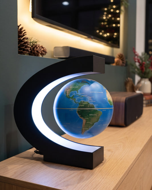 Levitating LED globe glowing on a wooden console in a cozy living room